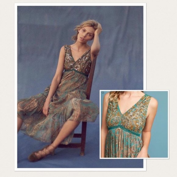 Anthropologie Dresses & Skirts - Anthropologie Ranna Gill Maxi Dress 8 NWT Sequin Embellished Turquoise Printed
